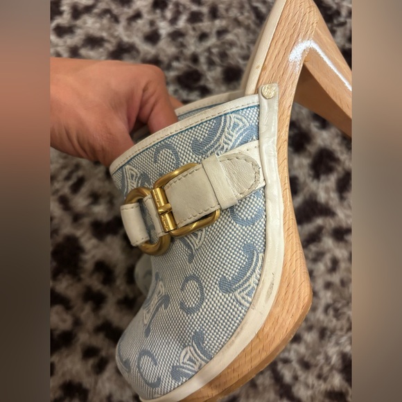 Shoes - Women’s Blue and White Slip-On Wedge Mule with Gold Accents
